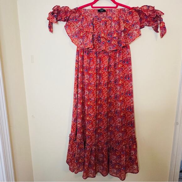 VICI Women's Santana Floral Tiered Off Shoulder Midi Dress Sz Medium Red Boho - Picture 2 of 13